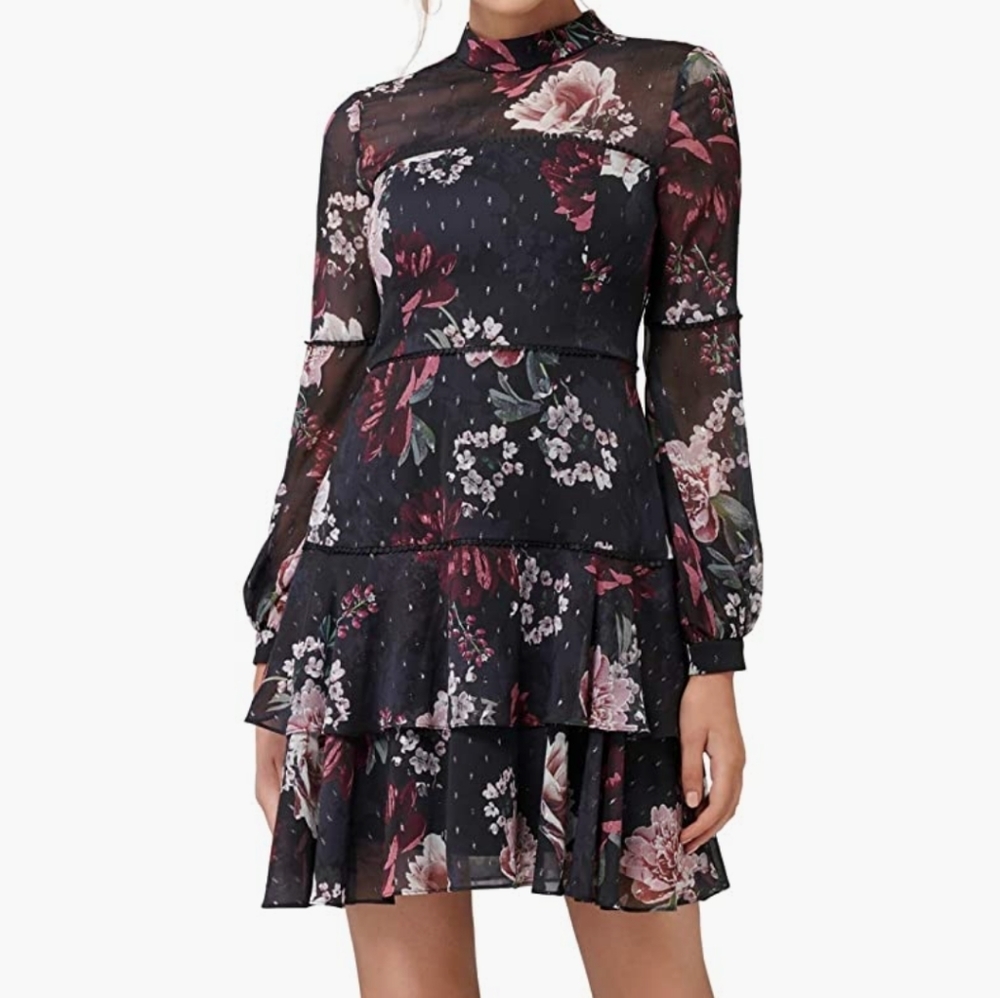 Ever New Black Floral Tiered Midi Dress